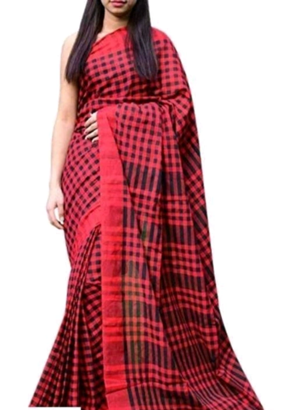 Handloom Checked Cotton Saree With Separate Same louse Peace - Pink